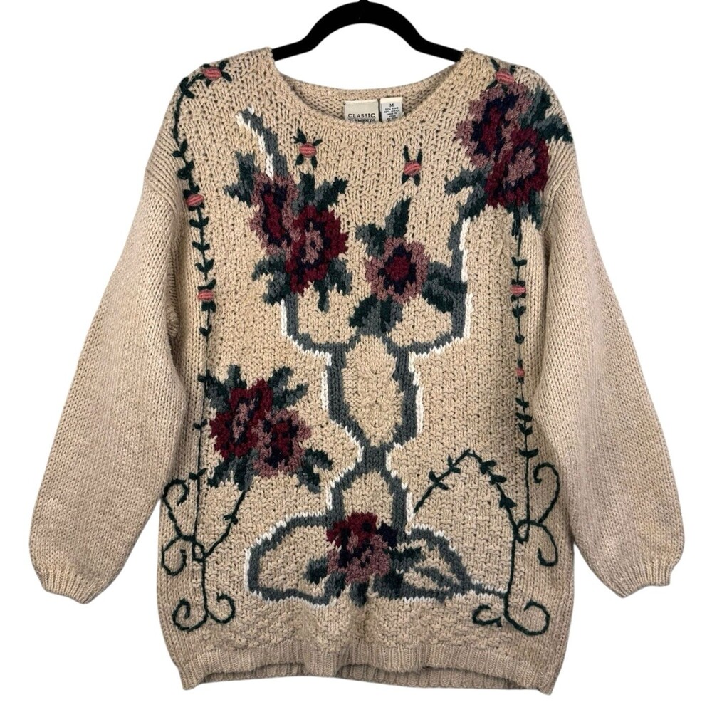 Vintage Classic Elements Sweater Womens Medium Beige‎ Cottagecore Grandmacore - Picture 2 of 10